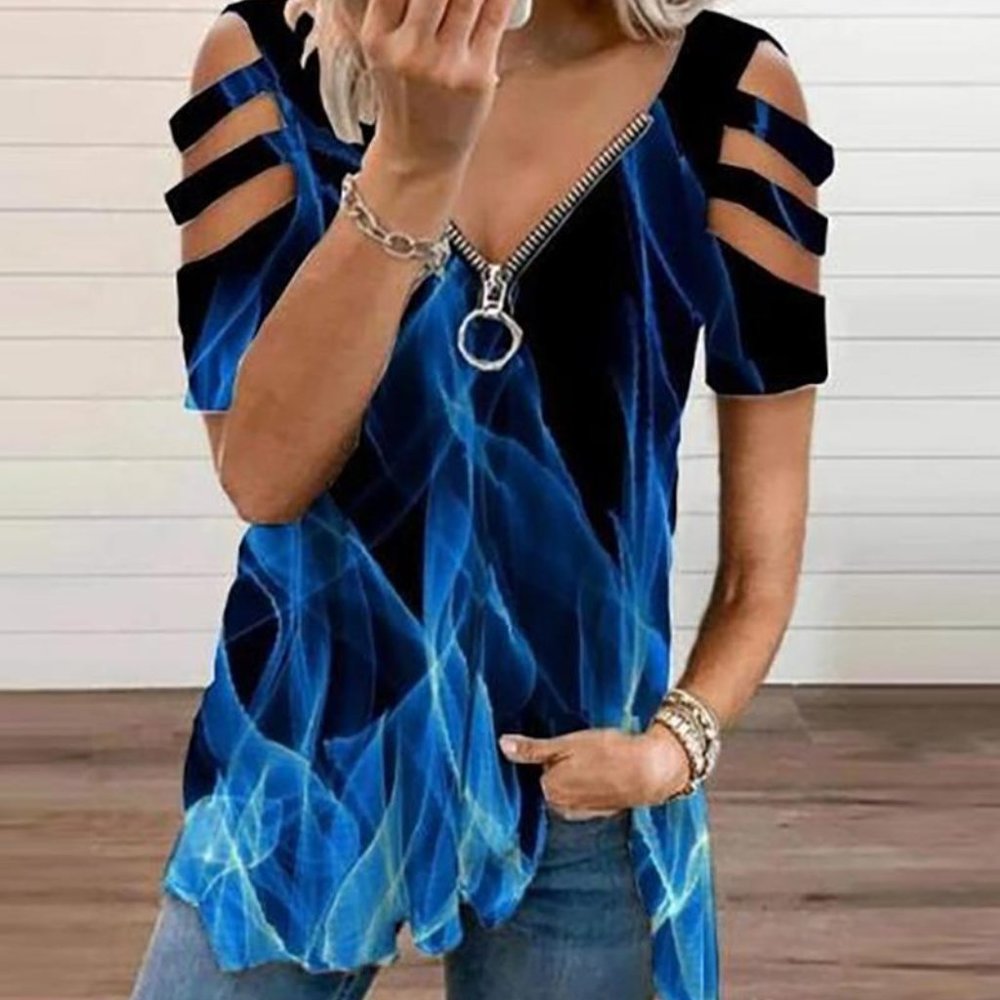 Flame Print Cutout Sleeve Zip Front Top - Size XL